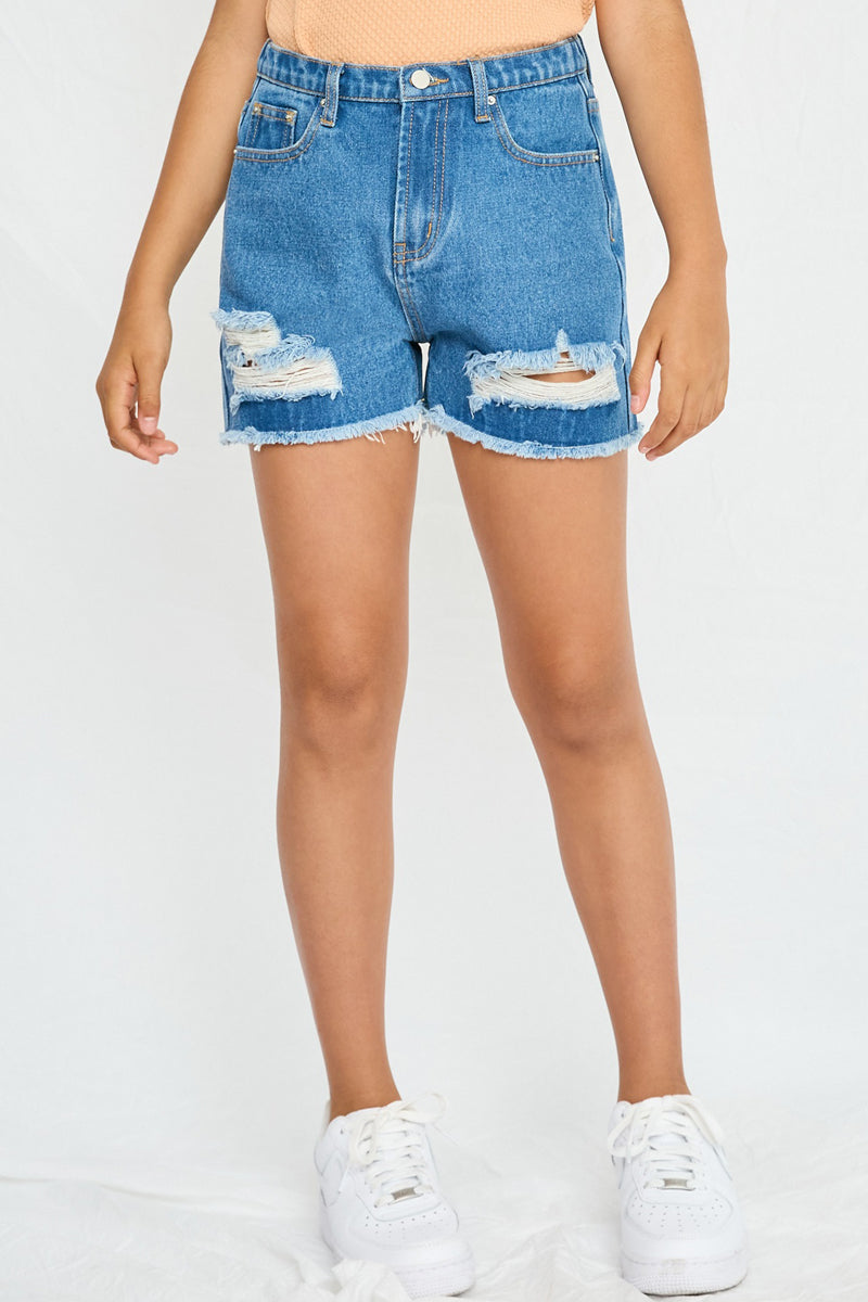 Girls Frayed Distressed Denim Shorts