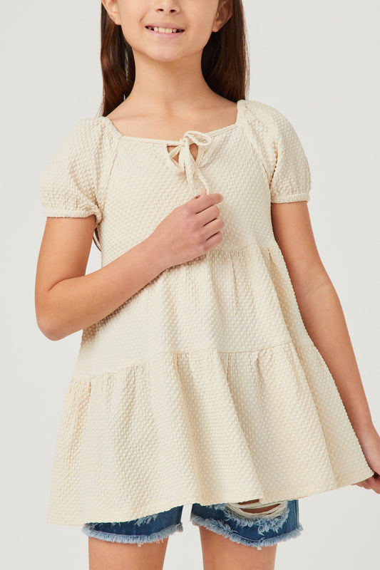 Girls Textured Puff Sleeve Tie Front Tunic