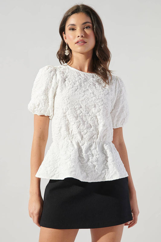 Nohemi Embossed Floral Puff Sleeve Peplum Top